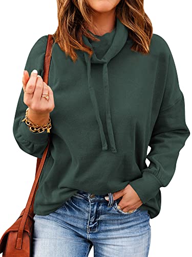 Ounar Women Casual Long Sleeve Sweatshirt Cowl Neck Drawstring Thick Dralon Loose Pullovers Shirts Tops Sweatshirts Green #TOP1