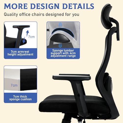 Sedia Ufficio Ergonomica, Sedia Scrivania con Poggiatesta, Braccioli, Supporto Lombare, Regolazione in Altezza, Poltrona Ufficio Girevole Bloccaggio Funziona a 90°-130°, Capacità 150KG - Sedia gaming - Immagine 5