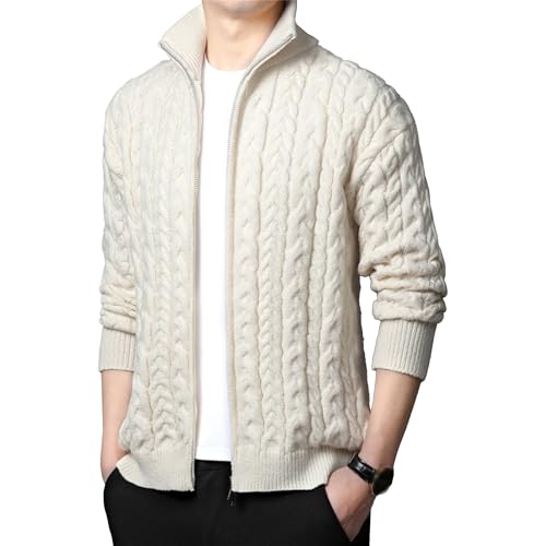 Men's Full Zip Comfort Stylish Sweater Cable Knit Stand Collar Solid Sweater Loose Fit Lightweight Outdoor Sweaters