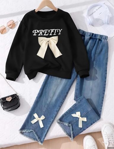 Image of Kids Toddler Girl Long Sleeve Bow Sweatshirt & Denim Straight Leg Jeans Pants Fall Winter Outfits Set