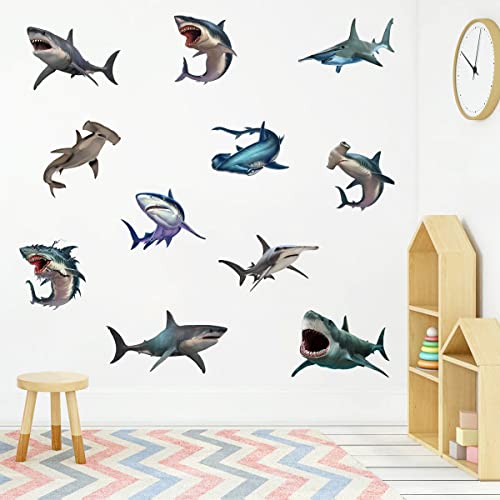 11 Pcs 3D Large Shark Wall Decal Stickers, Ocean Animal Under The Sea Wall Decal Stickers, Peel And Stick Removable Sea Creature Shark Stickers For Kids Room Playroom Bathroom Baby Nursery Wall Decor #TOP6