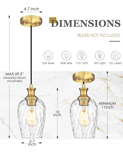 Image of Gold Pendant Lights Kitchen Island with Hammered Clear Glass