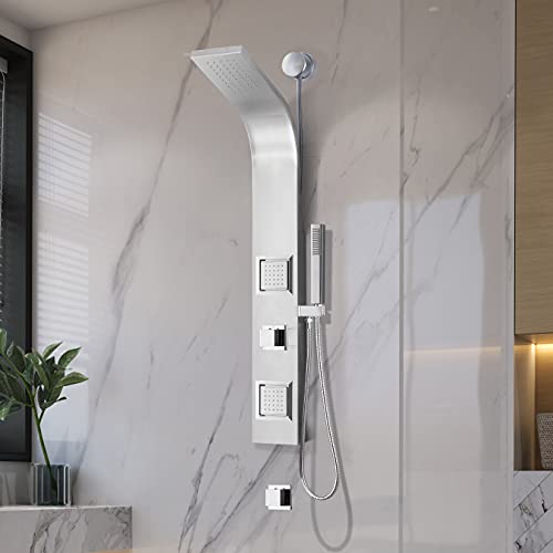 Shower Panel Tower System | Aura 40 inch Long Turbo High Pressure Shower Head and Detachable Handheld Spray Rainfall Shower Panel in Brushed Steel | Rain Shower 1.8 gpm 2 Body Jets Combo | SP-AZ078BS