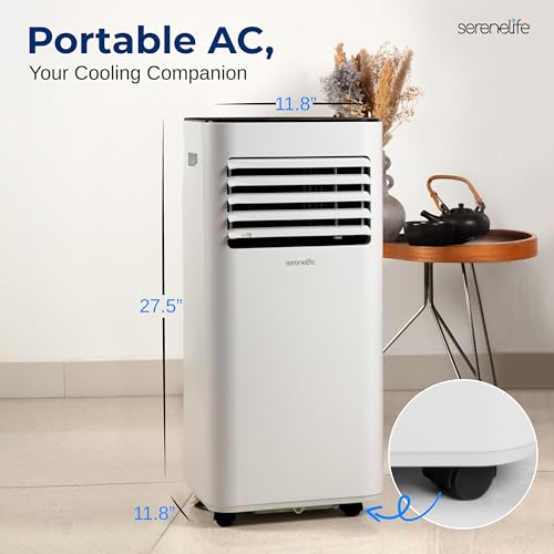 Image of SereneLife 10000 BTU Portable Air Conditioner - Free-Standing A /C Unit w /Cooling, Dehumidifier & Fan, Energy Efficient, 320 Sq. Ft. Coverage, Includes Window Mount Kit & Wheels, 11x11x27 IN (White)