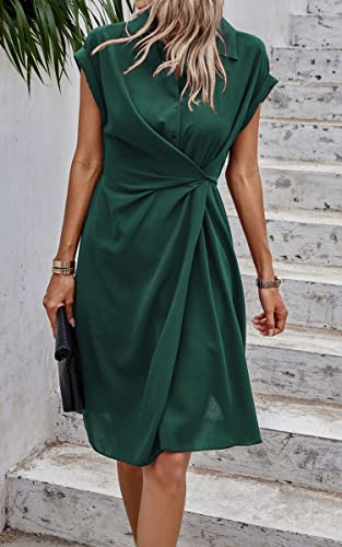 Image of ECOWISH Womens Casual Midi Dresses Solid V Neck Short Sleeve Button Shirt Belted Dress with Pockets for Spring Summer 2026