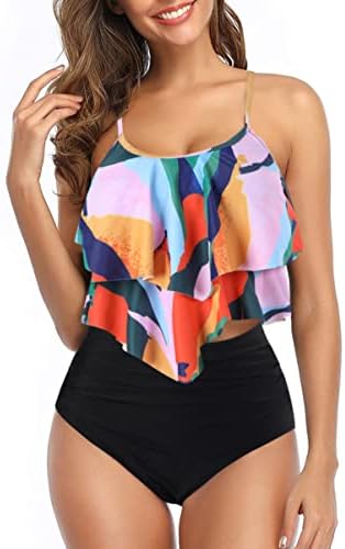 Womens High Waisted Bathing Suits Flounce Halter Tank Top Bikini Bottoms Tummy Control Modest Swimwear Two Piece Swimsuits Tankini Colorful Print M