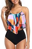 Womens High Waisted Bathing Suits Flounce Halter Tank Top Bikini Bottoms Tummy Control Modest Swimwe