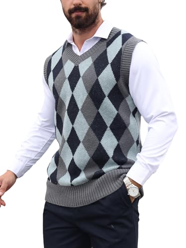 SOLY HUX Men's Plaid Sweater Vests Sleeveless V Neck Argyle Sweater Autumn Winter Warm Knitwear Tank Tops