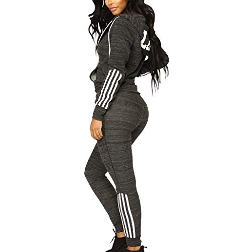 Women's Casual Striped Sweatsuit Set Zipper Sports Jacket Hoodie and Pants Sport Suits Tracksuits 2 Piece Outfits Gray