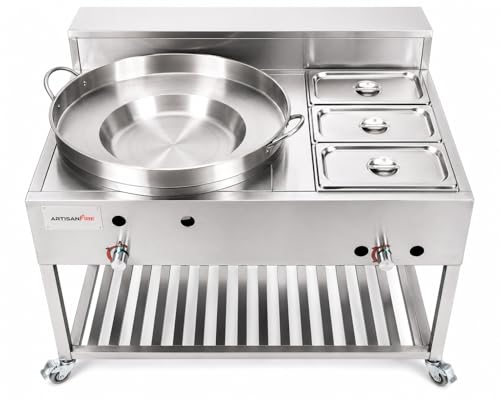 Stainless Steel Concave Comal Grill Stove + 3 Pan Steam Table-High Pressure Propane Cooker-Taco Cart-Discada Grill Bowl Mexican Style Wok-Complete with Hose & Regulator-Ideal for Commercial & Home