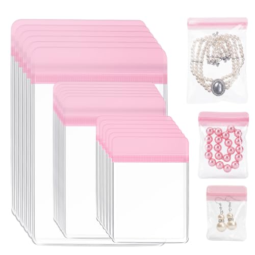 Clabby 120 Pcs Clear Plastic Jewelry Bags PVC Anti Tarnish 3 Sizes Pink