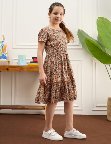 Image of Amazon Brand - Symbol Girl's Rayon Fit and Flare Kids Knee Length Printed Casual Dress (KD-DRG-SS25-123 Orange + Lavender 6-8 Years)