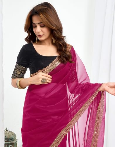 Image of SIRIL Women's Shimmer Net Sequence Embroidery Lace Saree for With Unstitched Blouse Piece