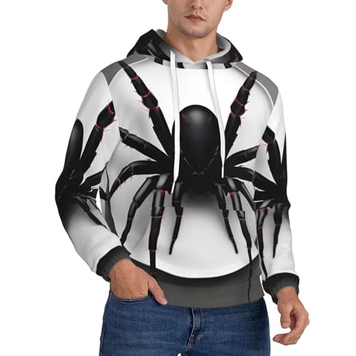 nanger Black Spider Print Men'S Casual Hooded Sweatshirt, Thin Fleece Long Sleeve Hoodie Pullover With Pocket