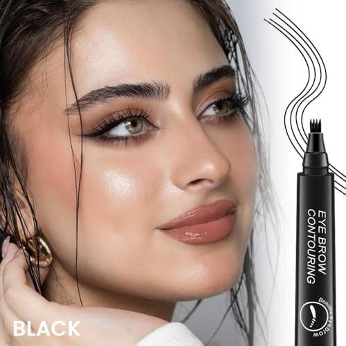 Image of Waterproof Microblading Eyebrow Pencil with Micro-Fork Tip Applicator - Creates Fine Sketch Liquid Eyebrow Tattoo Tint Pen. (Black)