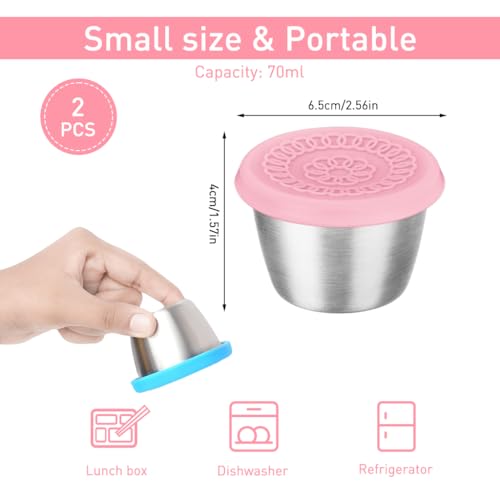 Image of HASTHIP 2pcs Salad Dressing Container To Go, 70ML Small Containers with Lids, Reusable Stainless Steel Sauce Cups for Lunch Bento Box, Picnic and Travel, Pink+Blue