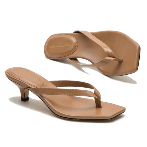 Women Flip-Flops Mules Kitten Heels Square Toe Thong Sandals Matte Comfy 1 inch Low Heel Slippers T-Straps Open Toe Outdoor Beach Summer Slip On Sandal Heels Basic Chic 4-11 M US2