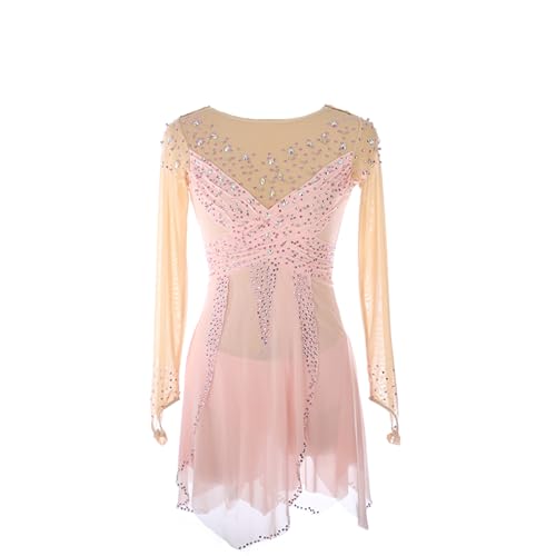 Vestido de patinação artística, rosa brilhante strass mangas na ponta dos dedos fantasia de competiç