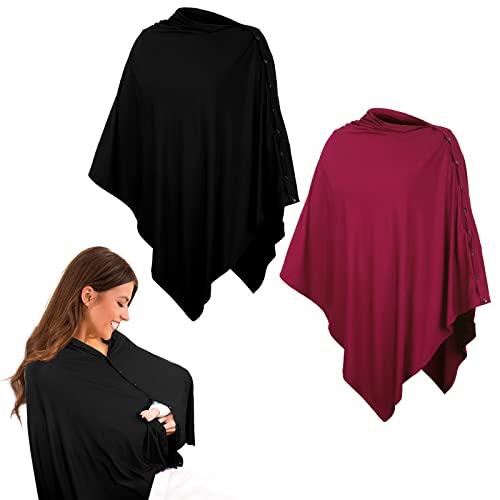 Janmercy 2 Pieces Nursing Covers for Breastfeeding Nursing Blanket Privacy Breastfeeding Shawl Nursing Poncho Scarf with Button Seat Infant Car Seat Canopy Cover(Black, Wine Red)