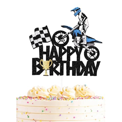 Auroriel Moto Happy Birthday Cake Topper Glitter Fête d'anniversaire Enfant Décoration de Gâteau Cupcake Motocross Dirt Bike Sport Torte Dekoration Garçon Homme