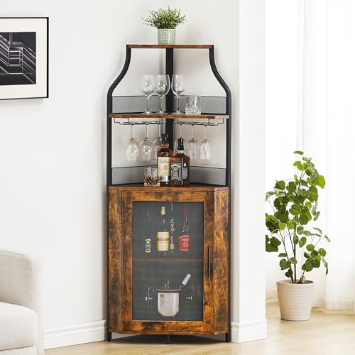 Amyove Corner Wine Bar Cabinet with Detachable Wine Rack, Industrial Wine Cabinet with Glass Holder, Small Sideboard and Liquor Coffee Bar Cabinet with Mesh Door, Retro Brown