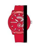 Tommy Hilfiger Men's Denim Silicon Strap Watch, 1791480, Red, 44 mm