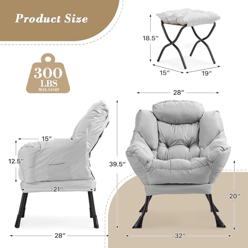 Athena Collection Lazy Lounge Chair with Ottoman, Modern Soft Reading Arm Chair for Adults, Comfy Sofa Armchair with Footrest and Side Pocket for Corner, Living Room, Bedroom, Small Space, Grey