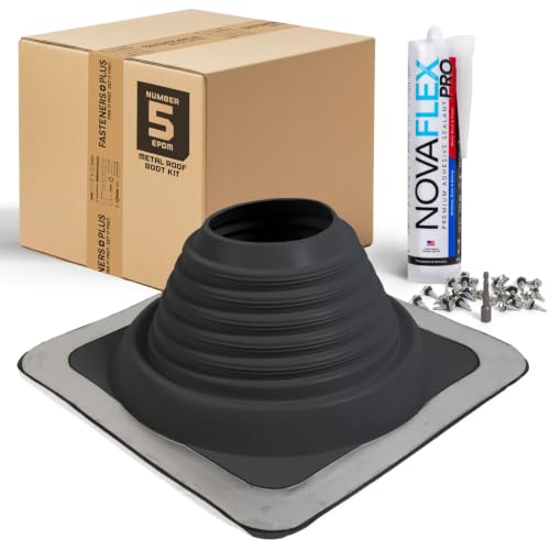 Image of Fasteners Plus #5 Square EPDM Metal Roof Pipe Flashing Boot | with Complete Install Kit (Fits 4 inch - 8-1 /4 inch Pipe OD), Black
