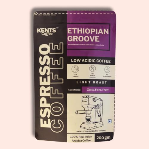 Image of Kents Coffee Ethiopian Groove | Light Roast Fine Grind Coffee | LOW ACIDIC COFFEE | Home Espresso Grind | Taste like Zesty, Floral, Fruity | 100% Arabica High Grade Chikmangalur Speciality Pack | Sun Dried Arabica Bean | Freshly Roasted (200Gm)