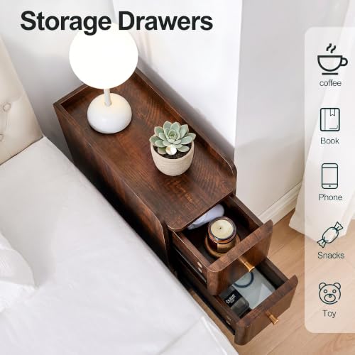 Image of Narrow Nightstand Set of 2, Wooden Small 2 Drawer Nightstand, Slim Side End Table, Skinny Bedside Table, Mid Century Modern Night Stand with Drawers for Bedroom (Cherry Walnut-2 pcs)