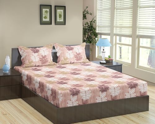 Trance Home Linen 180TC 100% Cotton Queen Size Printed Bedsheet | Bedding Set of Queen Size Flat Bed Cover with 2 Pillow Covers (86x104 inch | 7.1ft x 8.6ft - Ferns Coral)