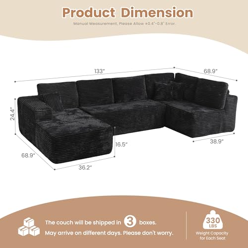 Image of HOOOWOOO Cloud Sectional Couches for Living Room,Modular Sectional Sofa No Assembly,133X70 Inch Plush Corduroy Large U Shaped Floor Couch Set with Deep Seat Chaise Lounge(Black)