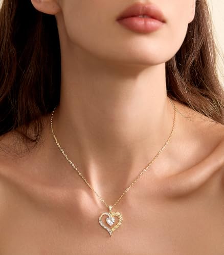 Beam & Bask 2-3 Carat Moissanite Rose Flower Heart Necklace for Her, Sterling Silver Plated with 18K Gold, Birthday, Wedding, Anniversary Pendant Jewelry for Girlfriend, Wife, Bride, Soulmate - Image 3