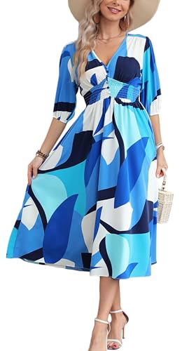 Image of Kormei Women Casual Boho V Neck 3 /4 Sleeve Smocked Waist A Line Flowy Swing Midi Dress Smocked Long Dress