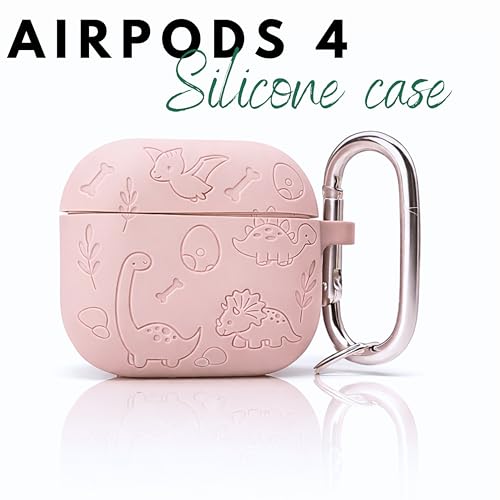 Image of Emoh Roced Case for Airpod 4 with Keychain,Silicone Dinosaur Engraved Cases Compatible with Apple AirPods 4th Generation 2024, Anti-Scratch, Protective Case Cover (Pink, for AirPods 4)