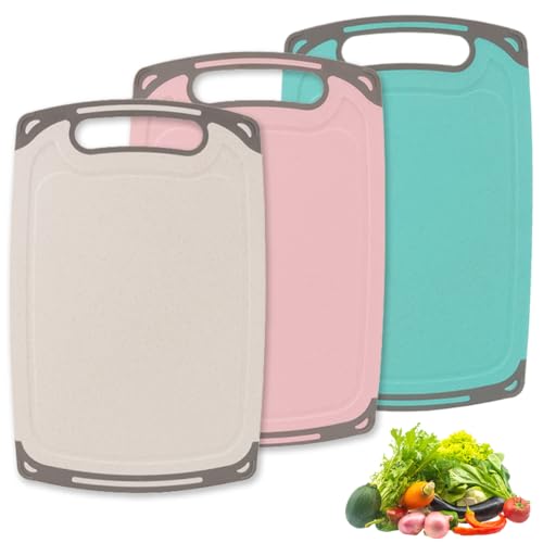 3 Stück Schneidebrett Set, 31 x 20 cm, Schneidebretter Kunststoff mit Saftrillen und Rutschfeste Griffe, Spülmaschinenfest Küche Schneidebrett, Frühstücksbrettchen