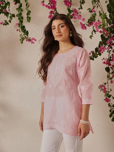 Image of Ada Hand Embroidered Lucknow Chikankari Straight Round Neck Cotton Blend Short Kurti Tunic Top for Women A911333