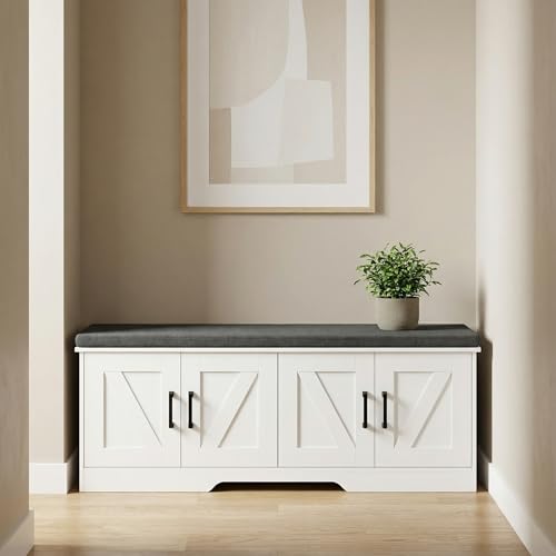 Image of HOMSHO Farmhouse Shoe Storage Bench with 4 Barn Doors & Padded Seat Cushion | 47.2 inch Wide Entryway Bench with Adjustable Shelves & Hidden Storage, White