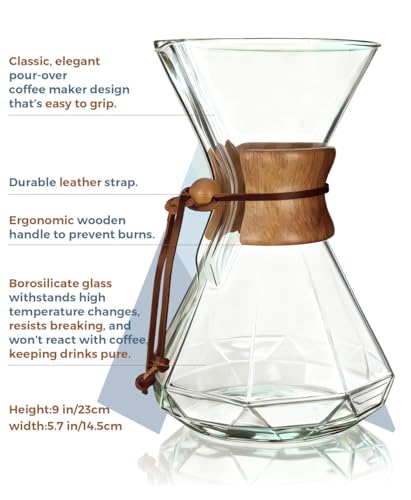 AGOGO Pour Over Coffee Maker Glass - 6/8/10 Cup Barista Kit with 304 Stainless Filter for Home, Office, Camping, Cafes - Easy Clean Coffee Dripper Set (Rag&Brush Included) (10 Cup/34 oz-Diamond Shape)