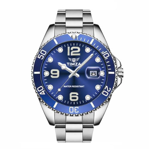 Image of Men's Analog Quartz Watch with Blue Dial, Stainless Steel Strap, Rotating Bezel, Luminous Hands and Water Resistant Design