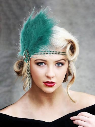 IYOU 1920s Feather Gatsby Headpiece Green Crystal Flapper Headband Tassel Vintage Party Festival Hair Accessories for Women - Image 2