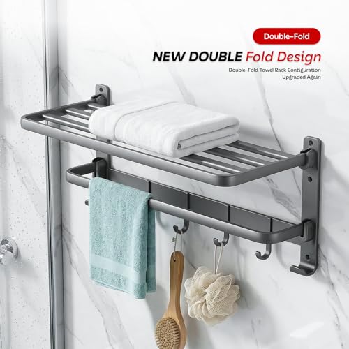 Image of MIORAH 24 Inch Powder - Coated Aluminium Towel Rack with Hooks - Rust - Free, Space - Saving Bathroom No Drill Self Adhesive Towel Rack Easy Installation Grey