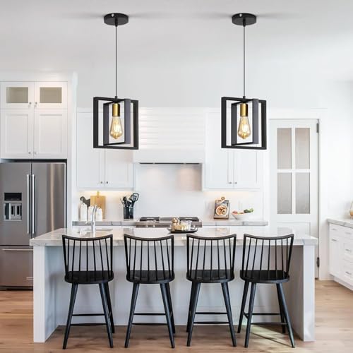 2 Pack Black Industrial Farmhouse Pendant Light, Vintage Metal Rustic Hanging Lights, Adjustable Height Kitchen Island Pendant Lights Fixture, Mini Ceiling Lamp for Entryway, Dining Room, Foyer