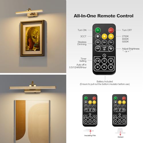 Image of Picture Lights for Wall Battery Operated 3 Colors Dimmable Lights for Pictures On Wall 15.56 Inch Brass Art Lighting for Paintings Wireless Gallery Light Poster Lights with Remote and Timer