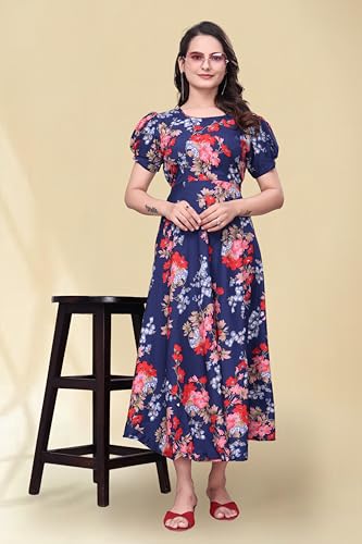 Image of Women's A-Line Crepe Maxi Dress | Stylish Fit and Flare Dress with Round Neck Short Puff Sleeves for Casual Wear