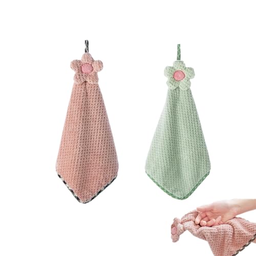 LIUHUIZEYU Coral Fleece Hand Towel, 2Pcs Absorbent Super Soft Hand Dryer Towels with Hanging Loop, Pink and Green, Kitchen Bathroom Bedroom Decoration