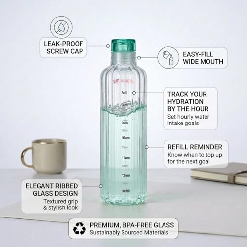 Image of Borosilicate Water Bottles, H2O Fridge Water Bottle with Cap, Leak proof & Airtight Lid, Water Bottle for Office, School, College - 500ml Bottles with Time Marker (Striped Green)