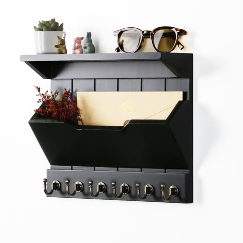 DOPACE Key Holder for Wall, Mail and Key Holder, Mail Organizer Wall Mounted with 6 Key Hooks, Pine Wood Black