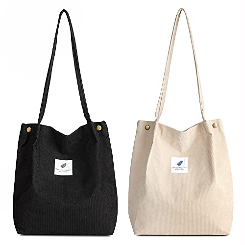 Makukke Women's Shoulder Bag - 2 Pieces Cord Bag Women's Shoulder Bag Shopper Women's Handbag for Everyday, Office, School Trip and Shopping, Black and beige, L