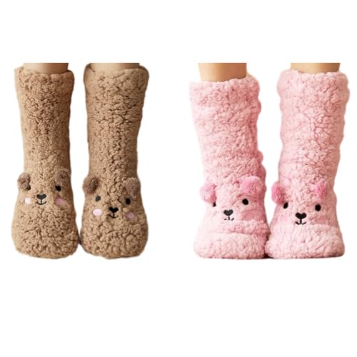 Cute Bear Fluffy Socks with Grip 2 Pairs Women Fuzzy Sock Non Slip Slipper Sock Cozy Warm Soft Sleep Home Winter Sock
